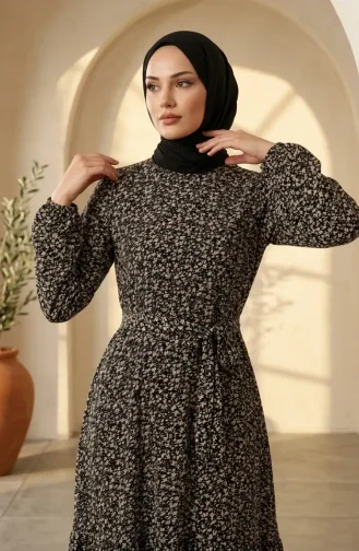 Kleid Mit Gürtel Aus Crêpe-Stoff Geblümt Gemustert Hijab 0580-01 Schwarzer Nerz 0580-01
