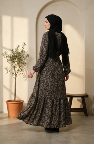 Kleid Mit Gürtel Aus Crêpe-Stoff Geblümt Gemustert Hijab 0580-01 Schwarzer Nerz 0580-01