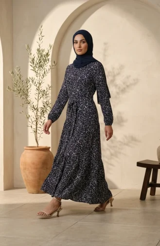 فستان حجاب بحزام من قماش الكريب بنقشة زهور، 0580-02، أزرق كحلي، بيج فاتح 0580-02