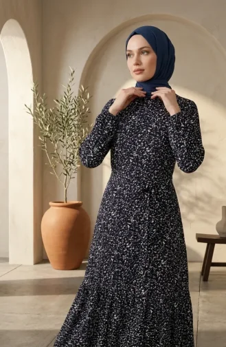فستان حجاب بحزام من قماش الكريب بنقشة زهور، 0580-02، أزرق كحلي، بيج فاتح 0580-02