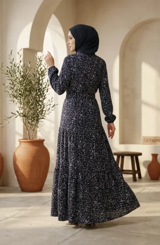 فستان حجاب بحزام من قماش الكريب بنقشة زهور، 0580-02، أزرق كحلي، بيج فاتح 0580-02