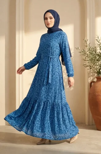 فستان حجاب بحزام من قماش الكريب بنقشة زهور 0580-05 كحلي أخضر نعناعي 0580-05