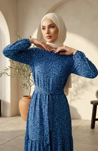 فستان حجاب بحزام من قماش الكريب بنقشة زهور 0580-05 كحلي أخضر نعناعي 0580-05