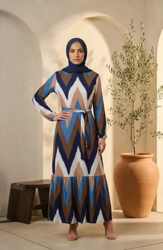 Robe Hijab En Crêpe à Motif Zigzag 0580A-01 Marron Indigo 0580A-01