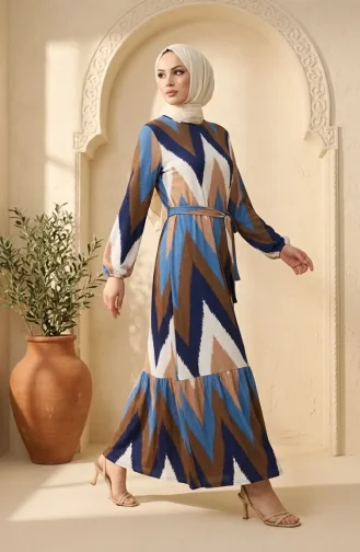 Robe Hijab En Crêpe à Motif Zigzag 0580A-01 Marron Indigo 0580A-01