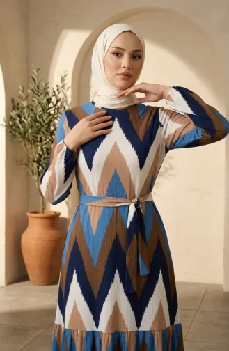 Robe Hijab En Crêpe à Motif Zigzag 0580A-01 Marron Indigo 0580A-01