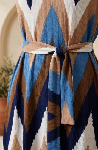 Robe Hijab En Crêpe à Motif Zigzag 0580A-01 Marron Indigo 0580A-01
