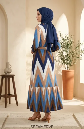 Robe Hijab En Crêpe à Motif Zigzag 0580A-01 Marron Indigo 0580A-01