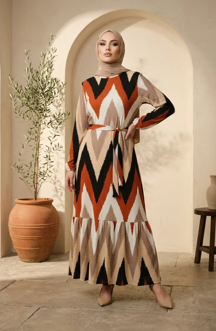 Robe Hijab En Crêpe à Motif Zigzag 0580A-02 Terracotta Mink 0580A-02