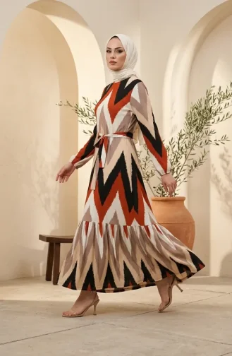 Robe Hijab En Crêpe à Motif Zigzag 0580A-02 Terracotta Mink 0580A-02