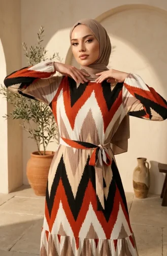 Robe Hijab En Crêpe à Motif Zigzag 0580A-02 Terracotta Mink 0580A-02