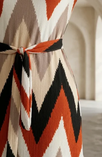 Robe Hijab En Crêpe à Motif Zigzag 0580A-02 Terracotta Mink 0580A-02