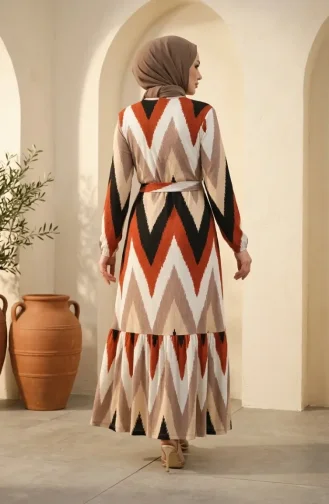 Robe Hijab En Crêpe à Motif Zigzag 0580A-02 Terracotta Mink 0580A-02