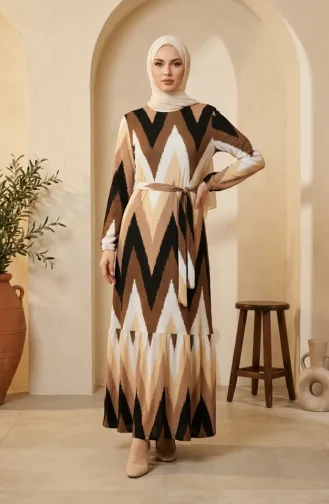 Robe Hijab En Crêpe à Motif Zigzag 0580A-03 Marron Noir 0580A-03