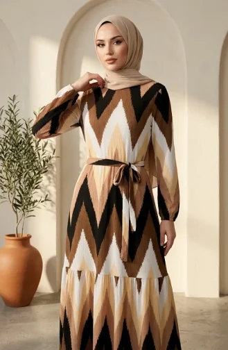 Robe Hijab En Crêpe à Motif Zigzag 0580A-03 Marron Noir 0580A-03