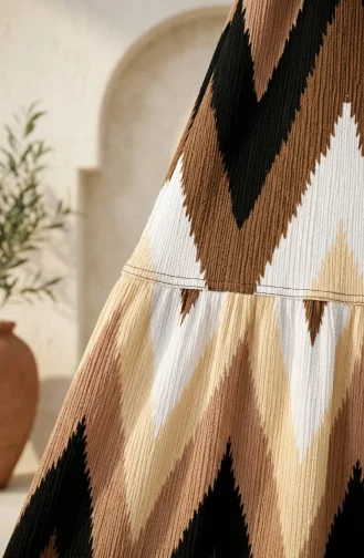 Robe Hijab En Crêpe à Motif Zigzag 0580A-03 Marron Noir 0580A-03