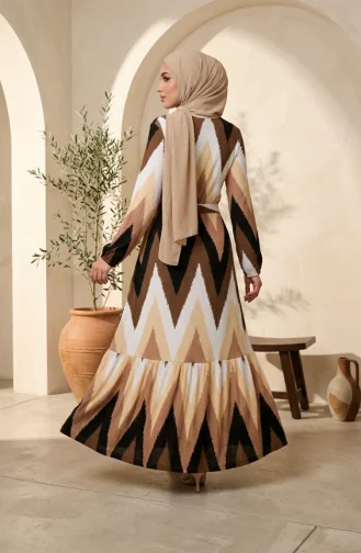 Robe Hijab En Crêpe à Motif Zigzag 0580A-03 Marron Noir 0580A-03