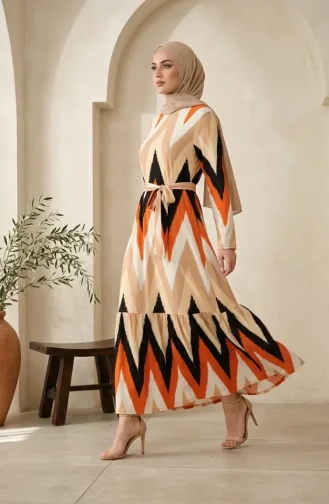 Robe Hijab En Crêpe à Motif Zigzag 0580A-04 Orange Noir 0580A-04