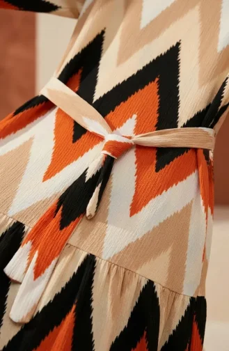 Robe Hijab En Crêpe à Motif Zigzag 0580A-04 Orange Noir 0580A-04