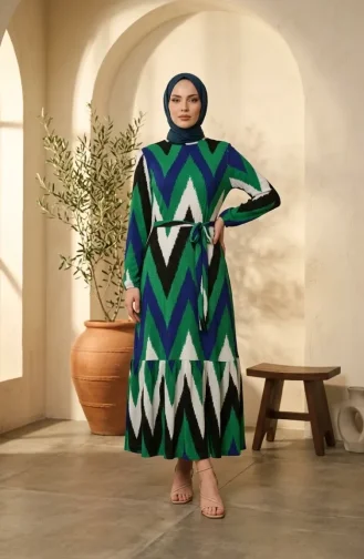 Robe Hijab En Crêpe à Motif Zigzag 0580A-05 Vert émeraude Noir 0580A-05