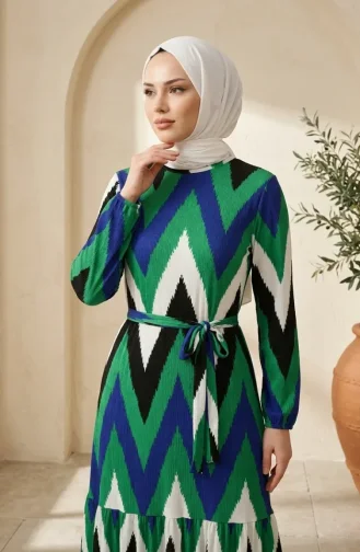 Robe Hijab En Crêpe à Motif Zigzag 0580A-05 Vert émeraude Noir 0580A-05