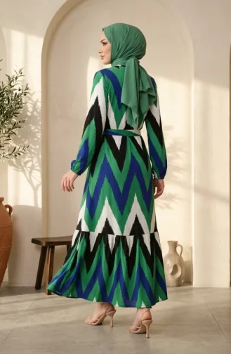 Robe Hijab En Crêpe à Motif Zigzag 0580A-05 Vert émeraude Noir 0580A-05