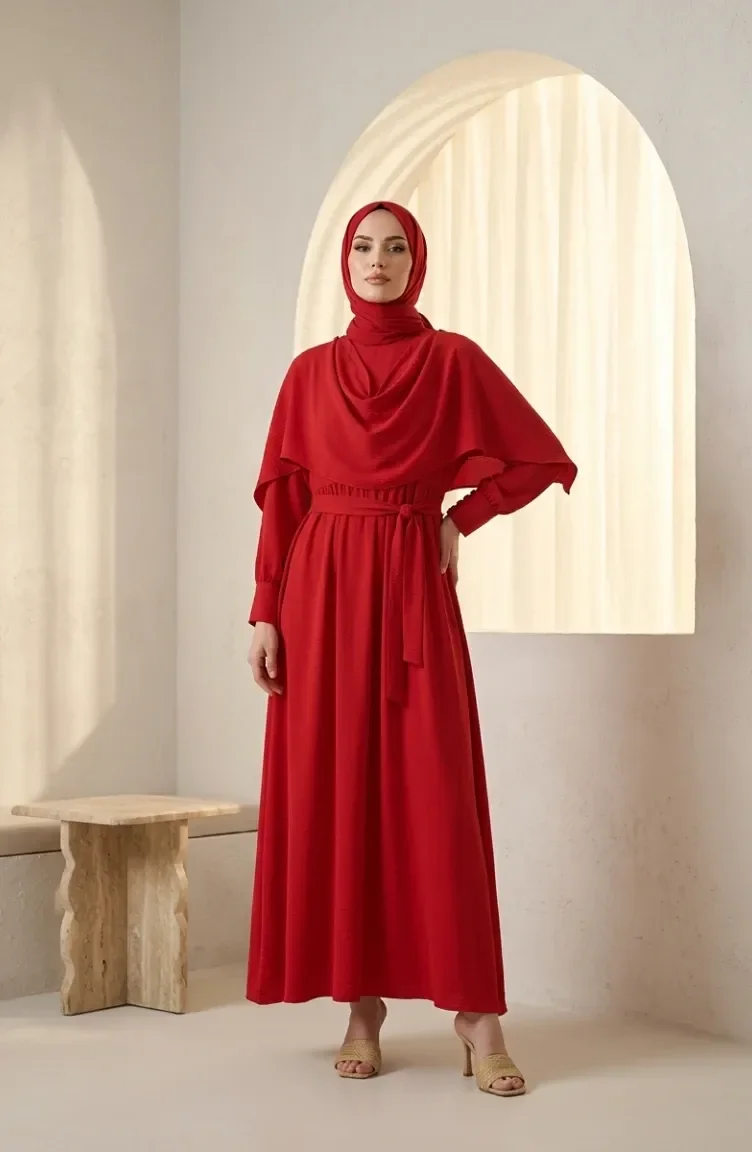 Robe Hijab Ceinturée Avec Cape Modèle 2291-01 Rouge 2291-01