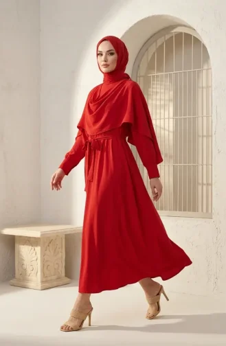 Robe Hijab Ceinturée Avec Cape Modèle 2291-01 Rouge 2291-01