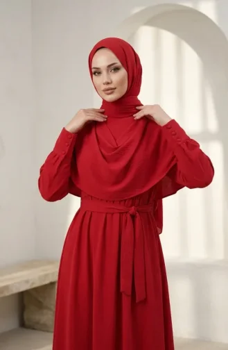 Robe Hijab Ceinturée Avec Cape Modèle 2291-01 Rouge 2291-01