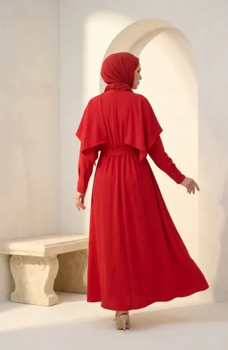 Robe Hijab Ceinturée Avec Cape Modèle 2291-01 Rouge 2291-01