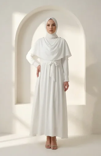 Robe Hijab Ceinturée Avec Cape 2291-02 Blanche 2291-02