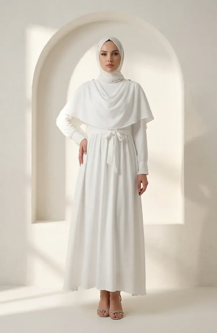 Robe Hijab Ceinturée Avec Cape 2291-02 Blanche 2291-02