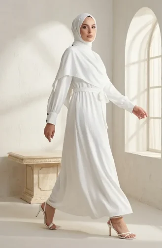 Robe Hijab Ceinturée Avec Cape 2291-02 Blanche 2291-02