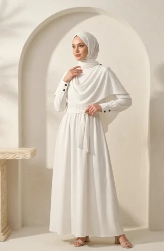 Robe Hijab Ceinturée Avec Cape 2291-02 Blanche 2291-02
