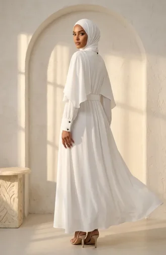 Robe Hijab Ceinturée Avec Cape 2291-02 Blanche 2291-02
