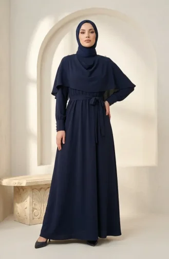 Robe Hijab Ceinturée Avec Cape 2291-03 Bleu Marine 2291-03