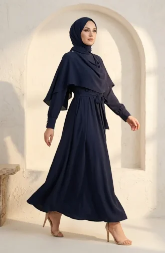 Robe Hijab Ceinturée Avec Cape 2291-03 Bleu Marine 2291-03