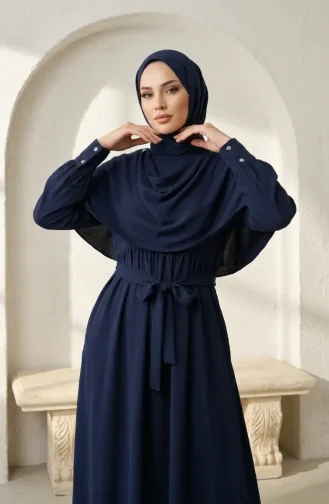 Robe Hijab Ceinturée Avec Cape 2291-03 Bleu Marine 2291-03