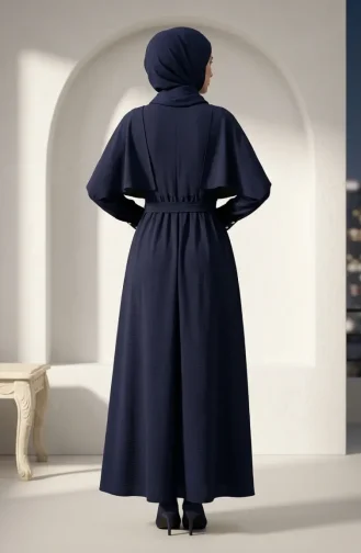 Robe Hijab Ceinturée Avec Cape 2291-03 Bleu Marine 2291-03