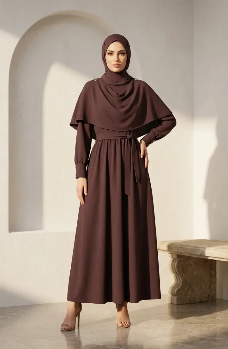 Robe Hijab Ceinturée Avec Cape 2291-04 Marron 2291-04
