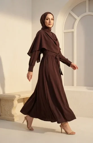 Robe Hijab Ceinturée Avec Cape 2291-04 Marron 2291-04