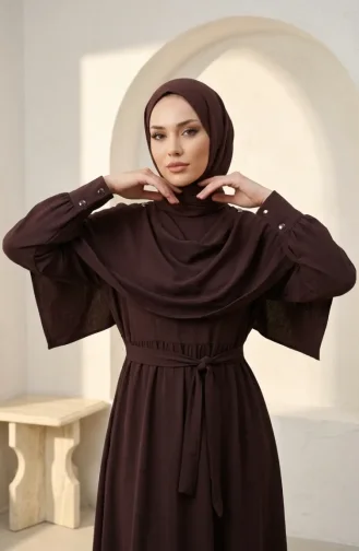Robe Hijab Ceinturée Avec Cape 2291-04 Marron 2291-04