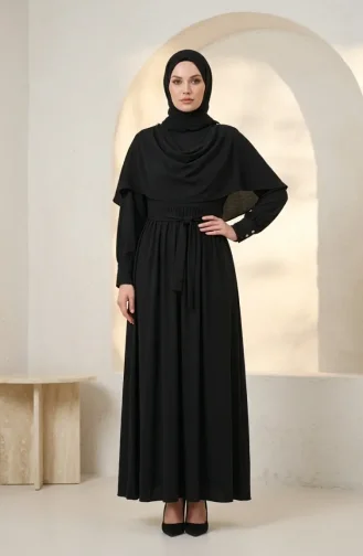 Robe Hijab Ceinturée Avec Cape 2291-05 Noir 2291-05