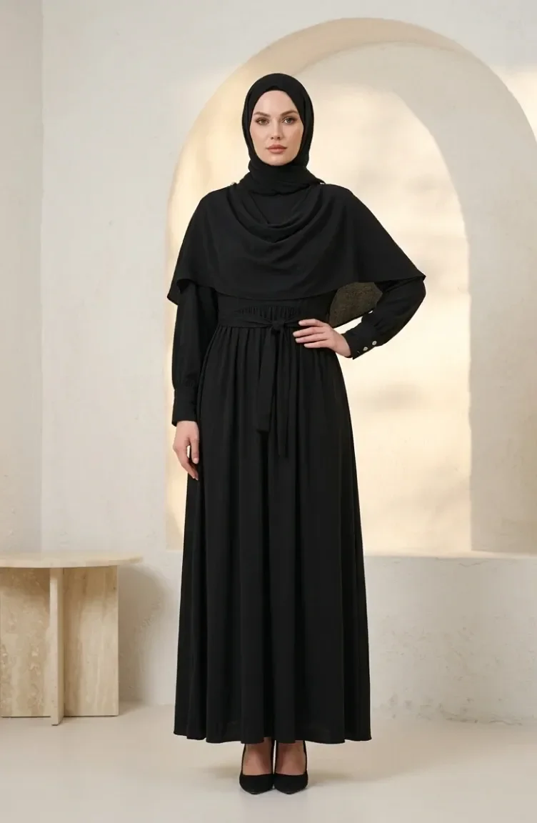 Robe Hijab Ceinturée Avec Cape 2291-05 Noir 2291-05
