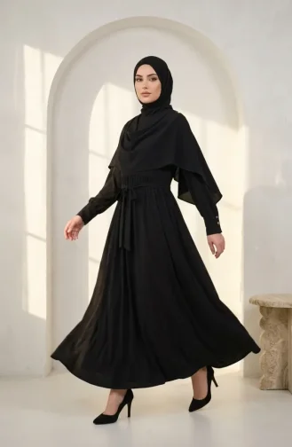 Robe Hijab Ceinturée Avec Cape 2291-05 Noir 2291-05