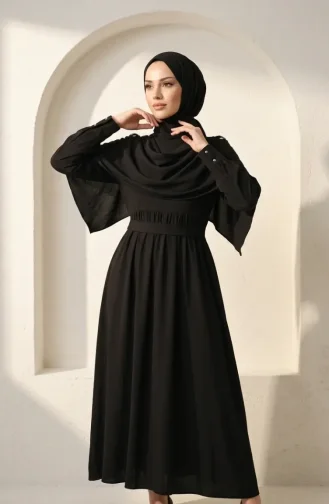 Robe Hijab Ceinturée Avec Cape 2291-05 Noir 2291-05