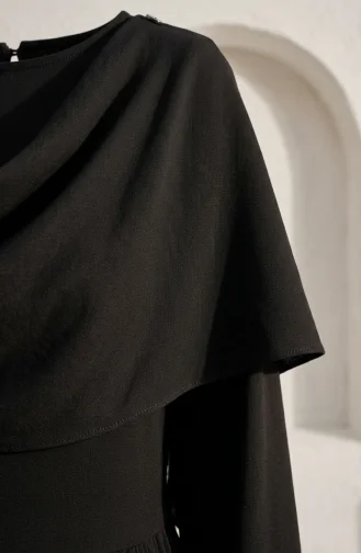 Robe Hijab Ceinturée Avec Cape 2291-05 Noir 2291-05
