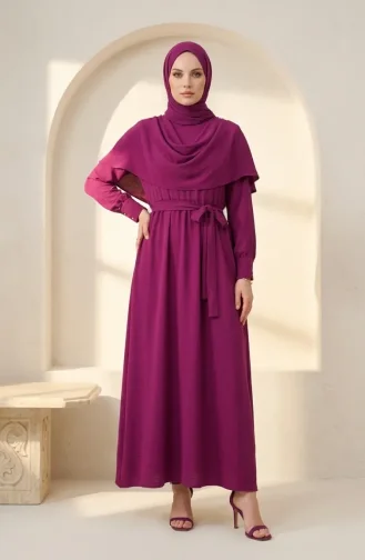Robe Hijab Ceinturée Avec Cape 2291-06 Prune 2291-06