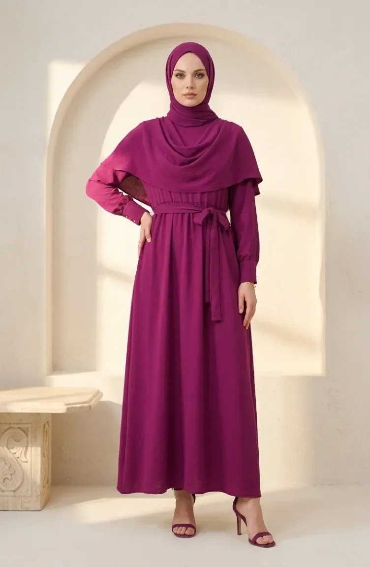 Robe Hijab Ceinturée Avec Cape 2291-06 Prune 2291-06