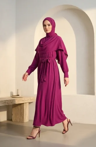 Robe Hijab Ceinturée Avec Cape 2291-06 Prune 2291-06